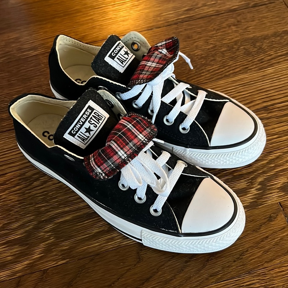 Converse sneakers with plaid tongue